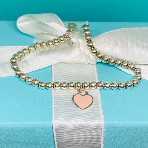 Tiffany Co. Silver 925 Blue Enamel Mini Heart Tag Charm 4mm Bead Ball Bracelet - Picture 3 of 9